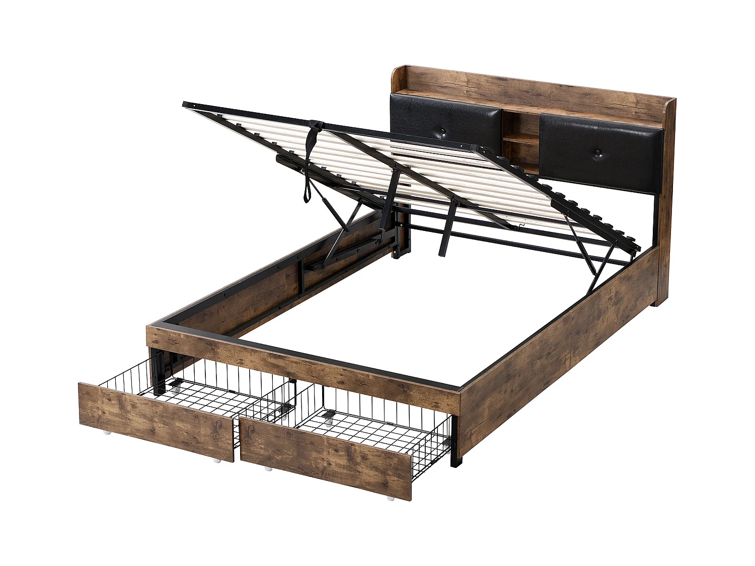 Stauraumbett 140 x 200 cm mit Stauraum-Kopfteil – Holz + Metall – Schwarz + Braun