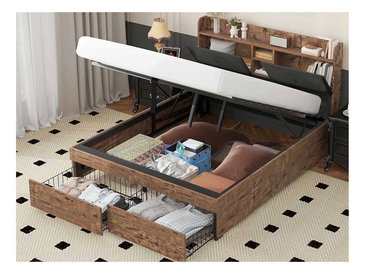 Lit coffre 140 x 200 cm avec tête de lit rangement - bois + métal - noir + marron
