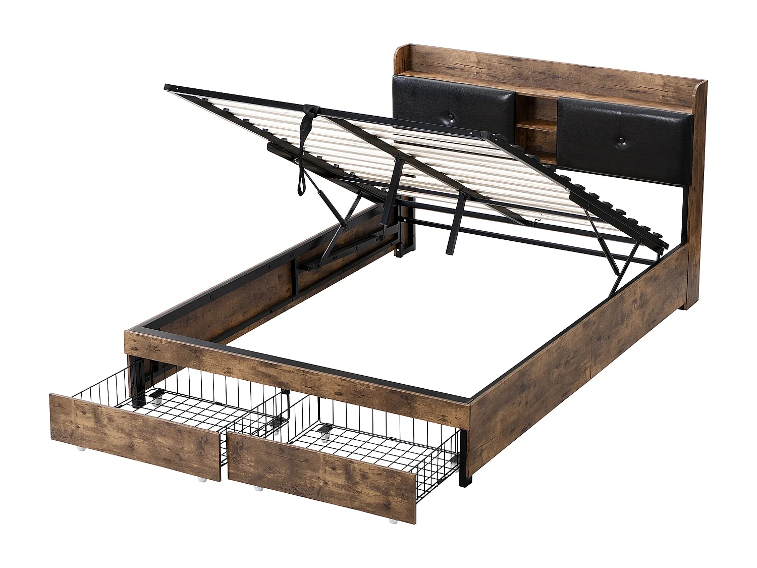 Lit coffre 140 x 200 cm avec tête de lit rangement - bois + métal - noir + marron