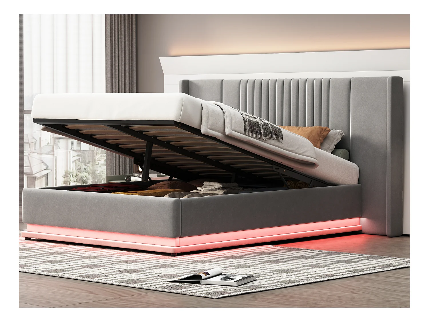 Bettkasten 140 x 200 cm mit verlängertem Kopfteil und Rückenlehne – LEDs – Samt – Grau