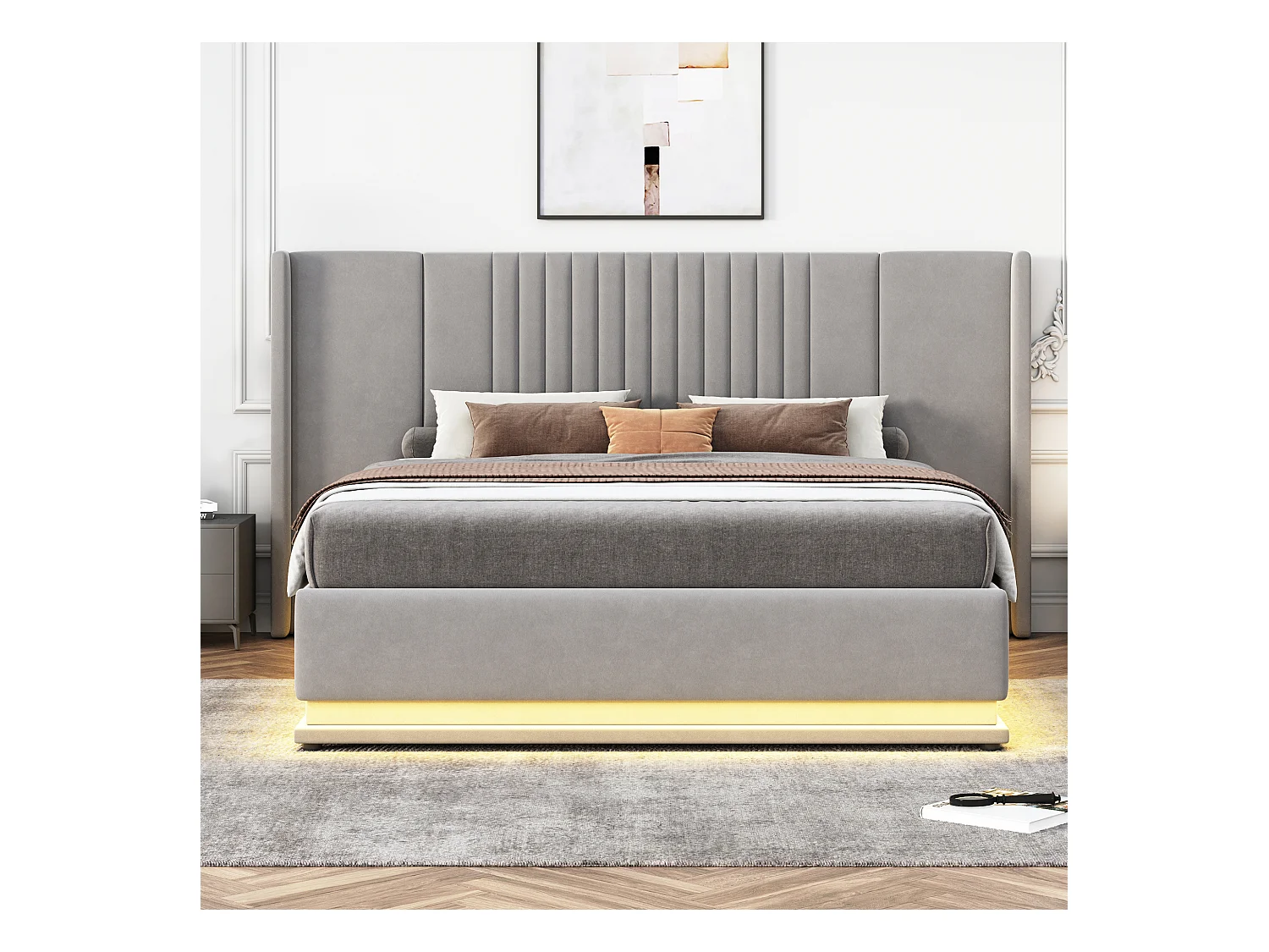 Bettkasten 140 x 200 cm mit verlängertem Kopfteil und Rückenlehne – LEDs – Samt – Grau