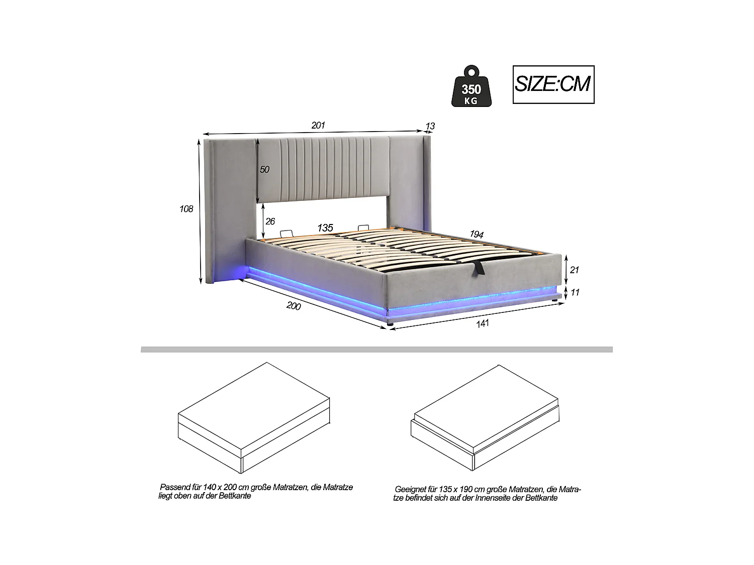 Bettkasten 140 x 200 cm mit verlängertem Kopfteil und Rückenlehne – LEDs – Samt – Grau