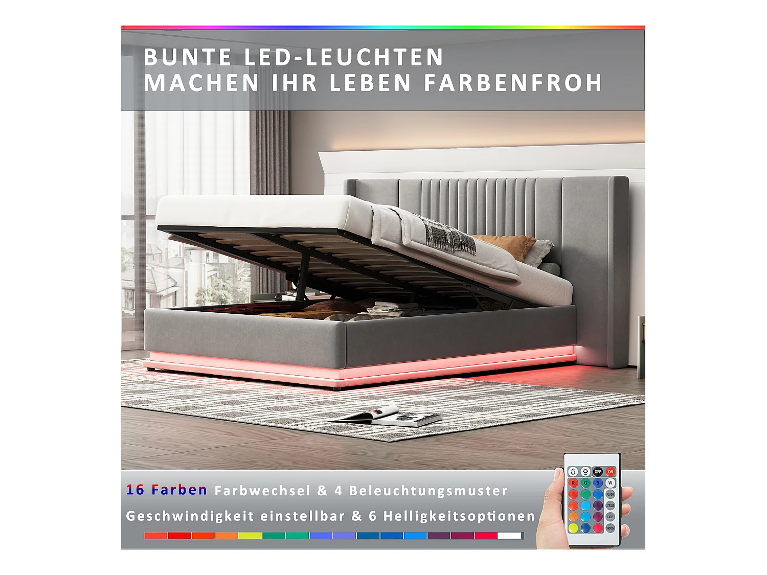 Bettkasten 140 x 200 cm mit verlängertem Kopfteil und Rückenlehne – LEDs – Samt – Grau