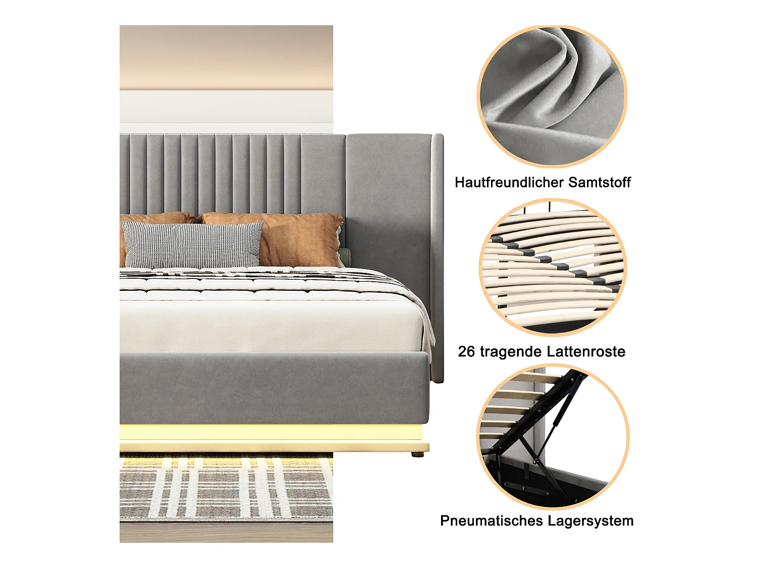 Bettkasten 140 x 200 cm mit verlängertem Kopfteil und Rückenlehne – LEDs – Samt – Grau