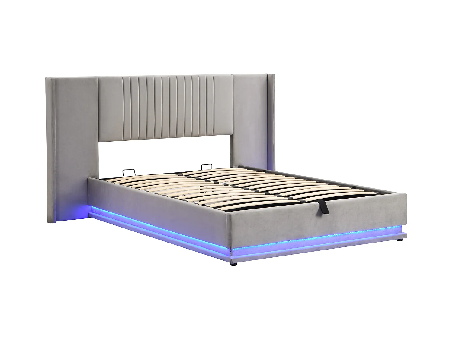 Bettkasten 140 x 200 cm mit verlängertem Kopfteil und Rückenlehne – LEDs – Samt – Grau