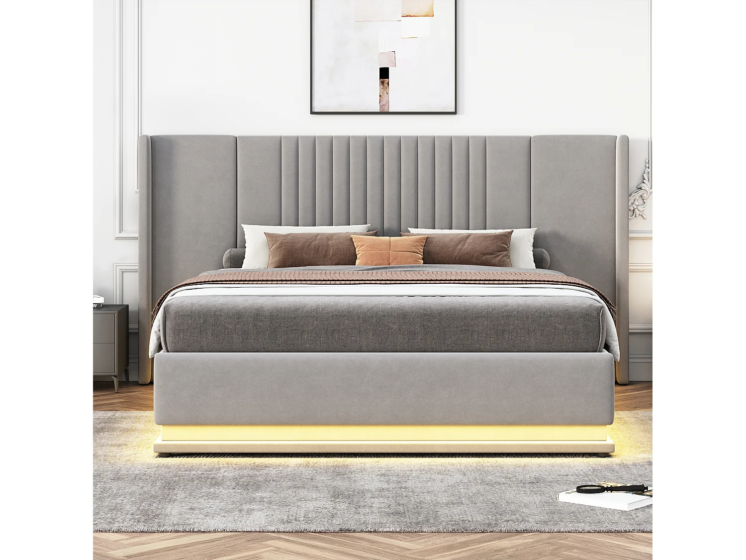 Cama de armazenamento 140 x 200 cm com cabeceira e encosto alongados - LEDs - Veludo - Cinza