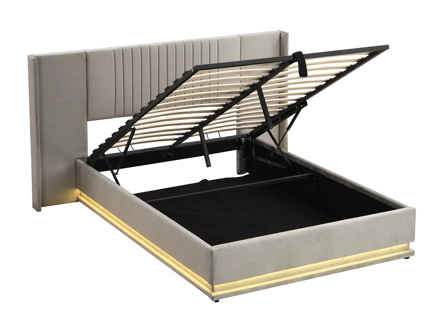 Bettkasten 140 x 200 cm mit verlängertem Kopfteil und Rückenlehne – LEDs – Samt – Grau