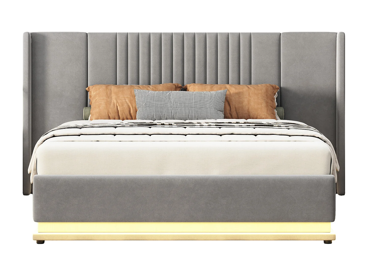 Bettkasten 140 x 200 cm mit verlängertem Kopfteil und Rückenlehne – LEDs – Samt – Grau