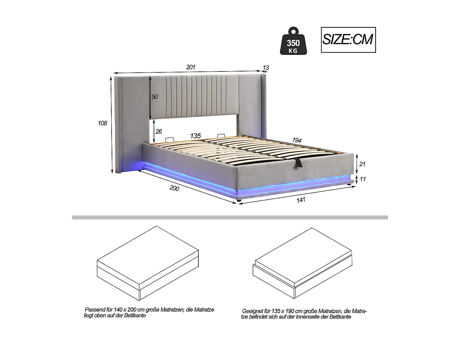 Bettkasten 140 x 200 cm mit verlängertem Kopfteil und Rückenlehne – LEDs – Samt – Grau