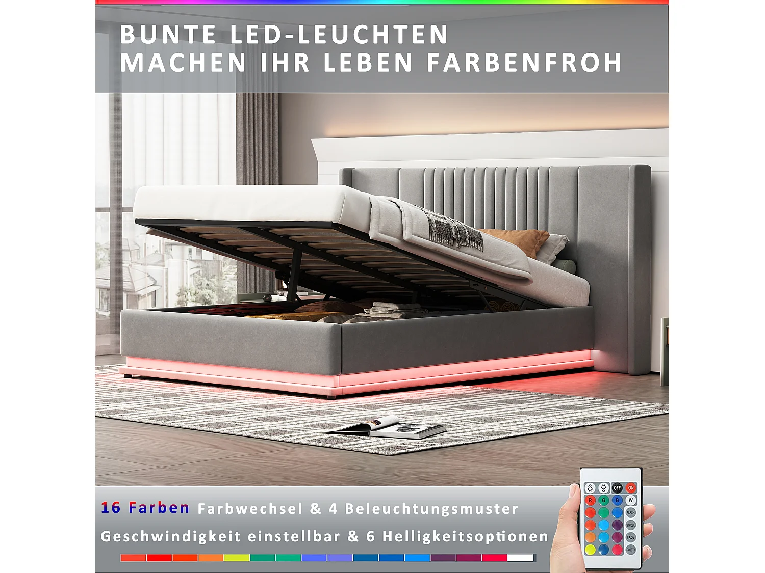 Bettkasten 140 x 200 cm mit verlängertem Kopfteil und Rückenlehne – LEDs – Samt – Grau
