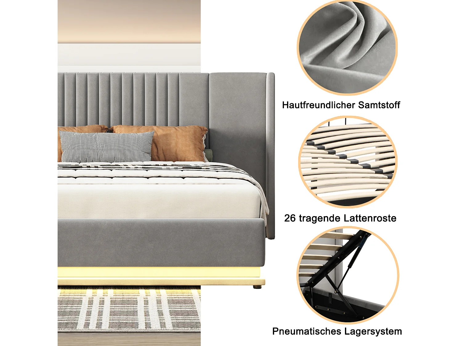 Bettkasten 140 x 200 cm mit verlängertem Kopfteil und Rückenlehne – LEDs – Samt – Grau