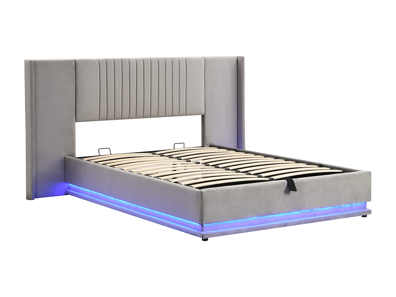 Bettkasten 140 x 200 cm mit verlängertem Kopfteil und Rückenlehne – LEDs – Samt – Grau