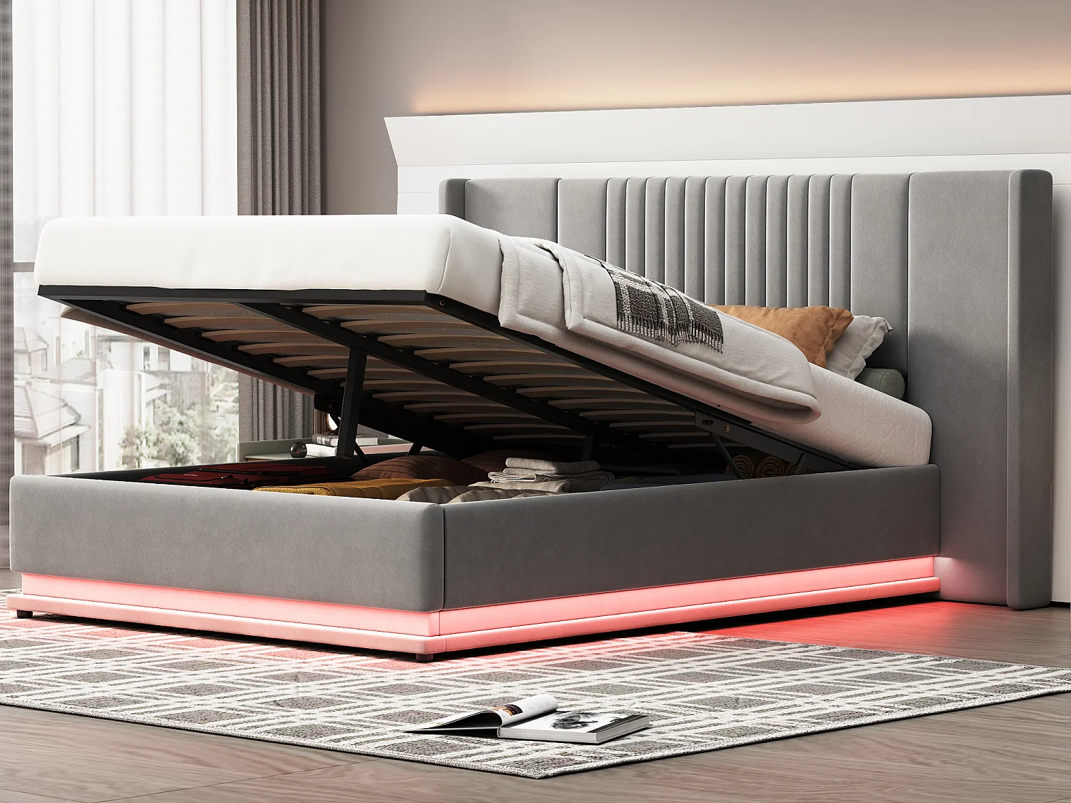 Bettkasten 140 x 200 cm mit verlängertem Kopfteil und Rückenlehne – LEDs – Samt – Grau