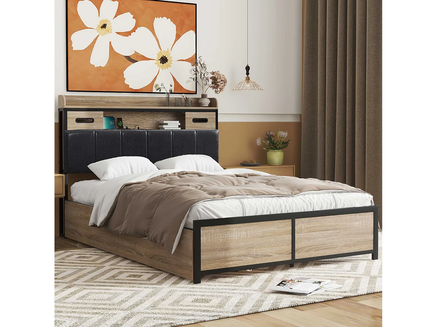 Bett 140 x 200 cm mit Truhenkopfteil und 4 Schubladen – USB-Anschluss – Holz + Metall – Eiche + Schwarz