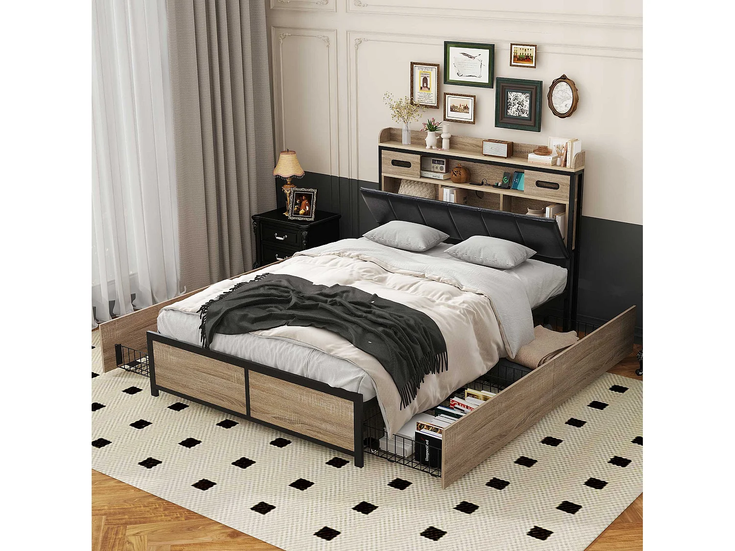 Bett 140 x 200 cm mit Truhenkopfteil und 4 Schubladen – USB-Anschluss – Holz + Metall – Eiche + Schwarz
