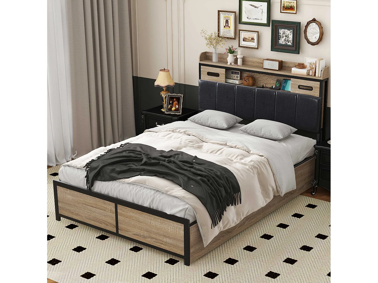 Bett 140 x 200 cm mit Truhenkopfteil und 4 Schubladen – USB-Anschluss – Holz + Metall – Eiche + Schwarz