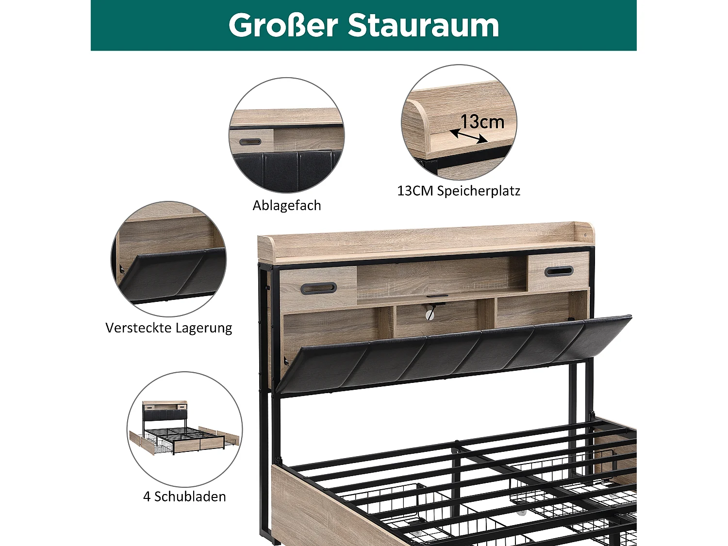Bett 140 x 200 cm mit Truhenkopfteil und 4 Schubladen – USB-Anschluss – Holz + Metall – Eiche + Schwarz