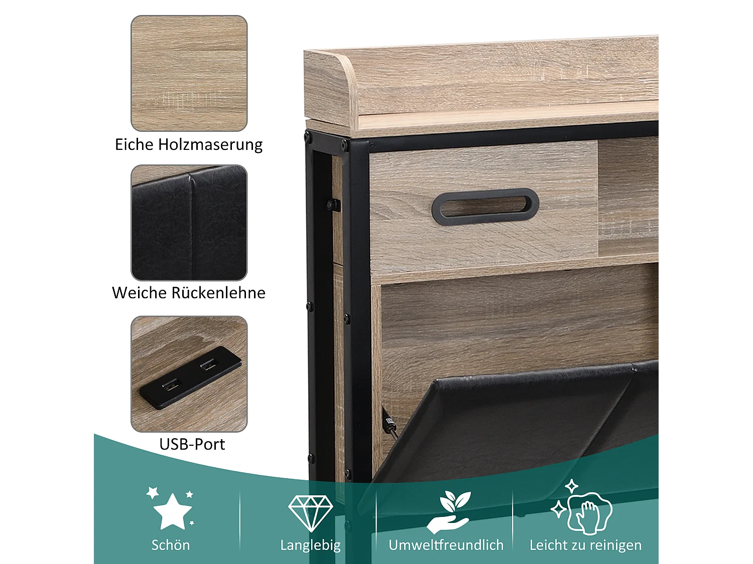 Bett 140 x 200 cm mit Truhenkopfteil und 4 Schubladen – USB-Anschluss – Holz + Metall – Eiche + Schwarz