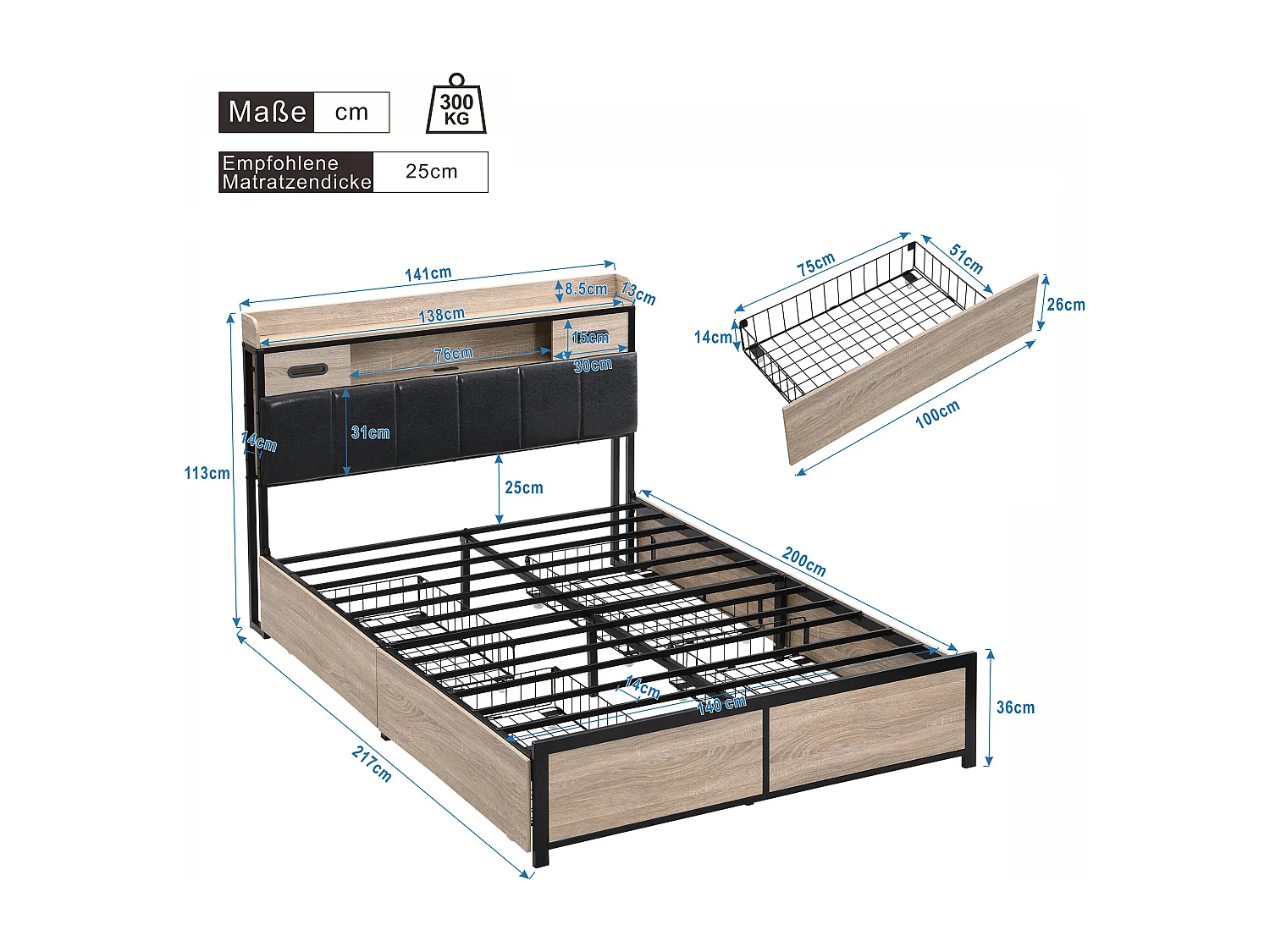 Bett 140 x 200 cm mit Truhenkopfteil und 4 Schubladen – USB-Anschluss – Holz + Metall – Eiche + Schwarz