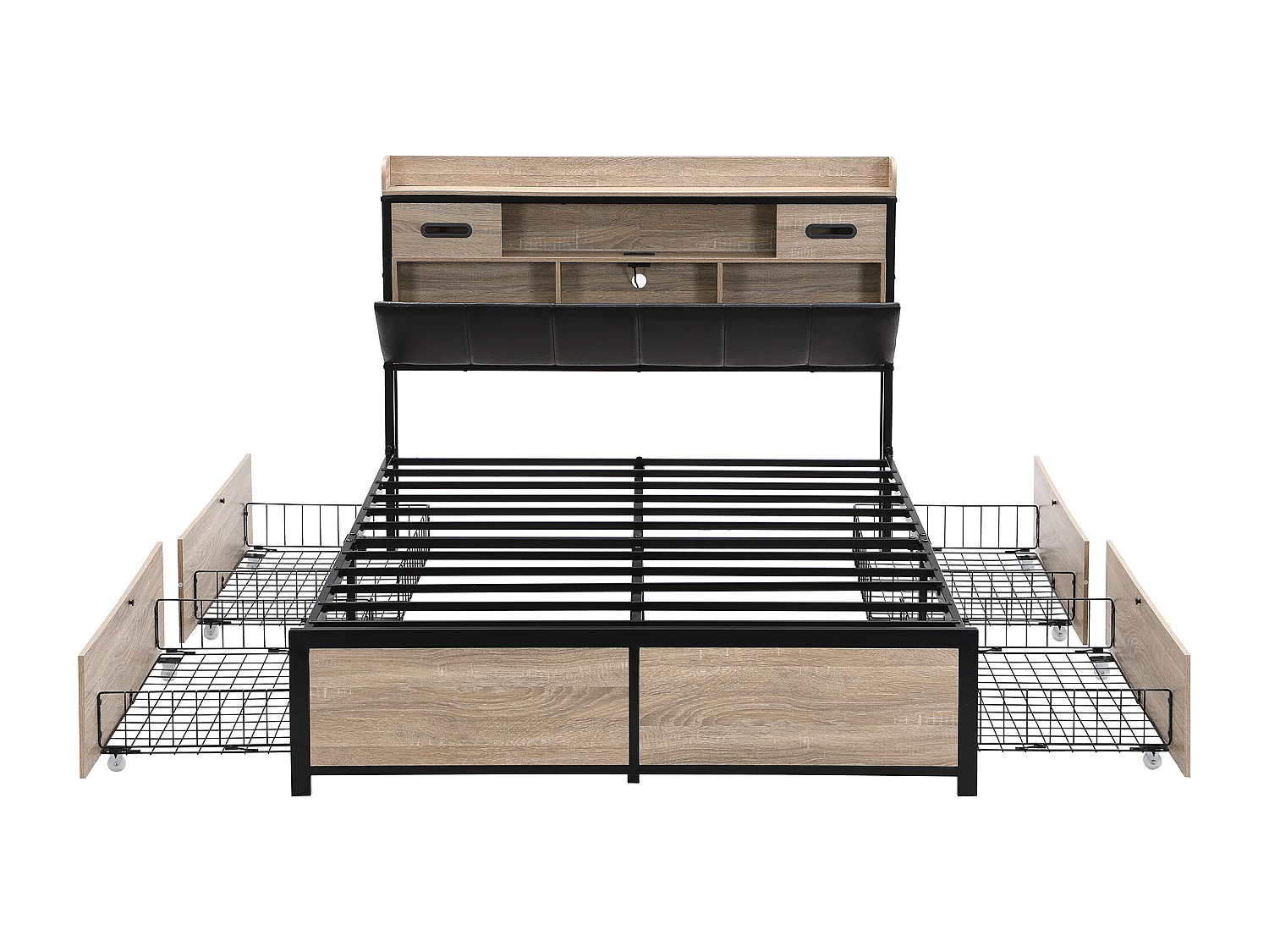 Bett 140 x 200 cm mit Truhenkopfteil und 4 Schubladen – USB-Anschluss – Holz + Metall – Eiche + Schwarz