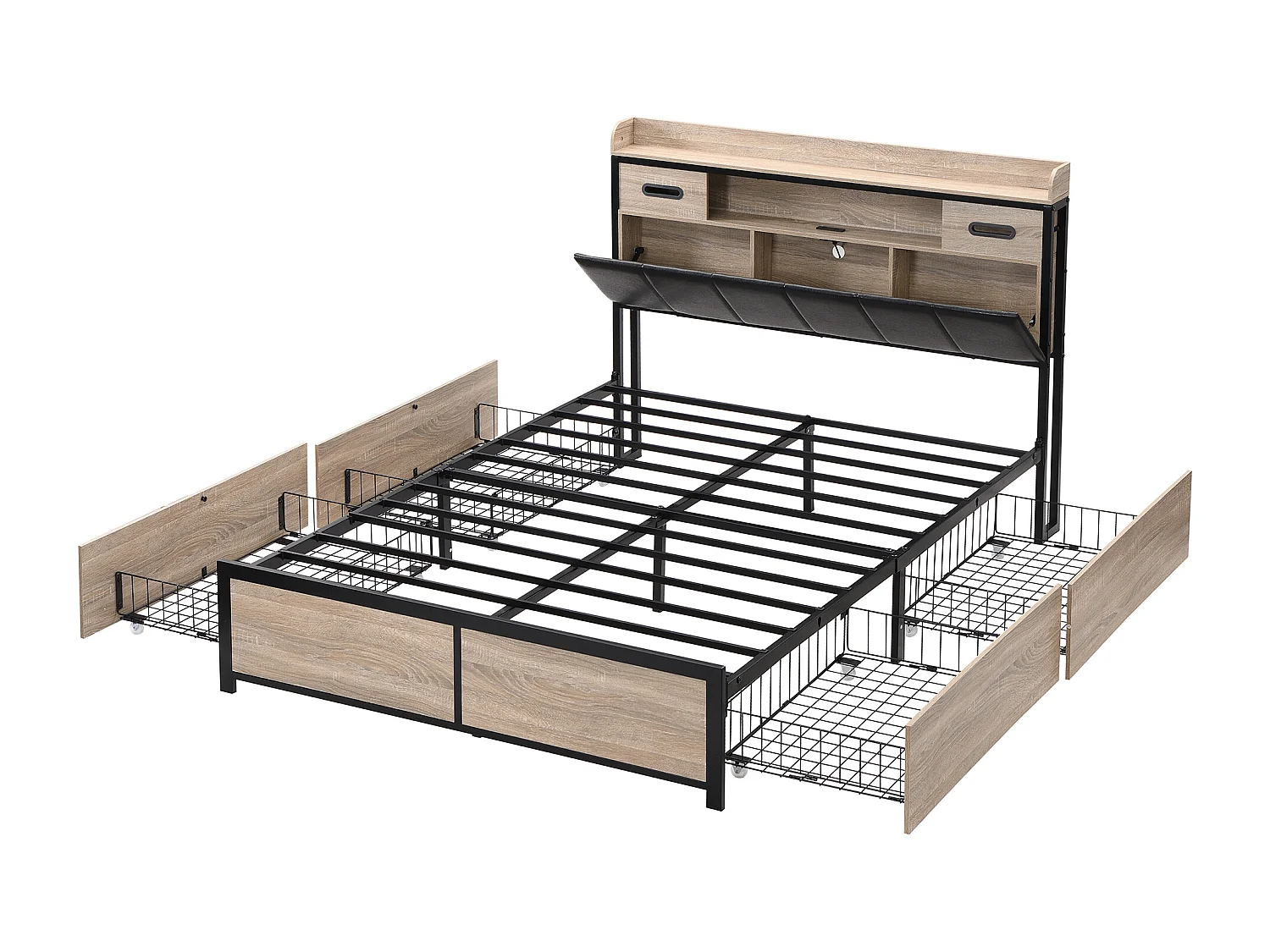 Bett 140 x 200 cm mit Truhenkopfteil und 4 Schubladen – USB-Anschluss – Holz + Metall – Eiche + Schwarz