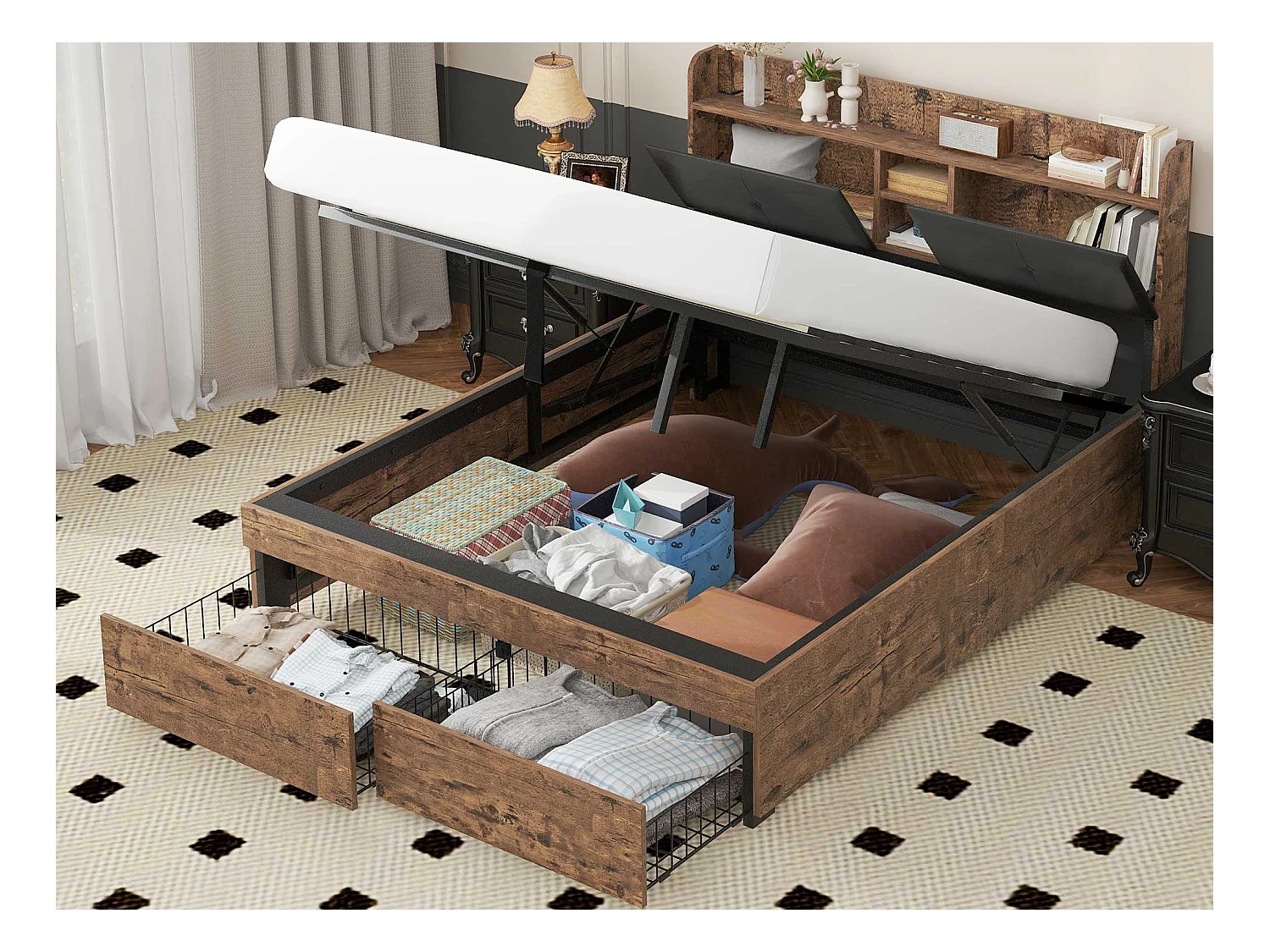 Lit coffre 160 x 200 cm avec tête de lit rangement - bois + métal - noir + marron