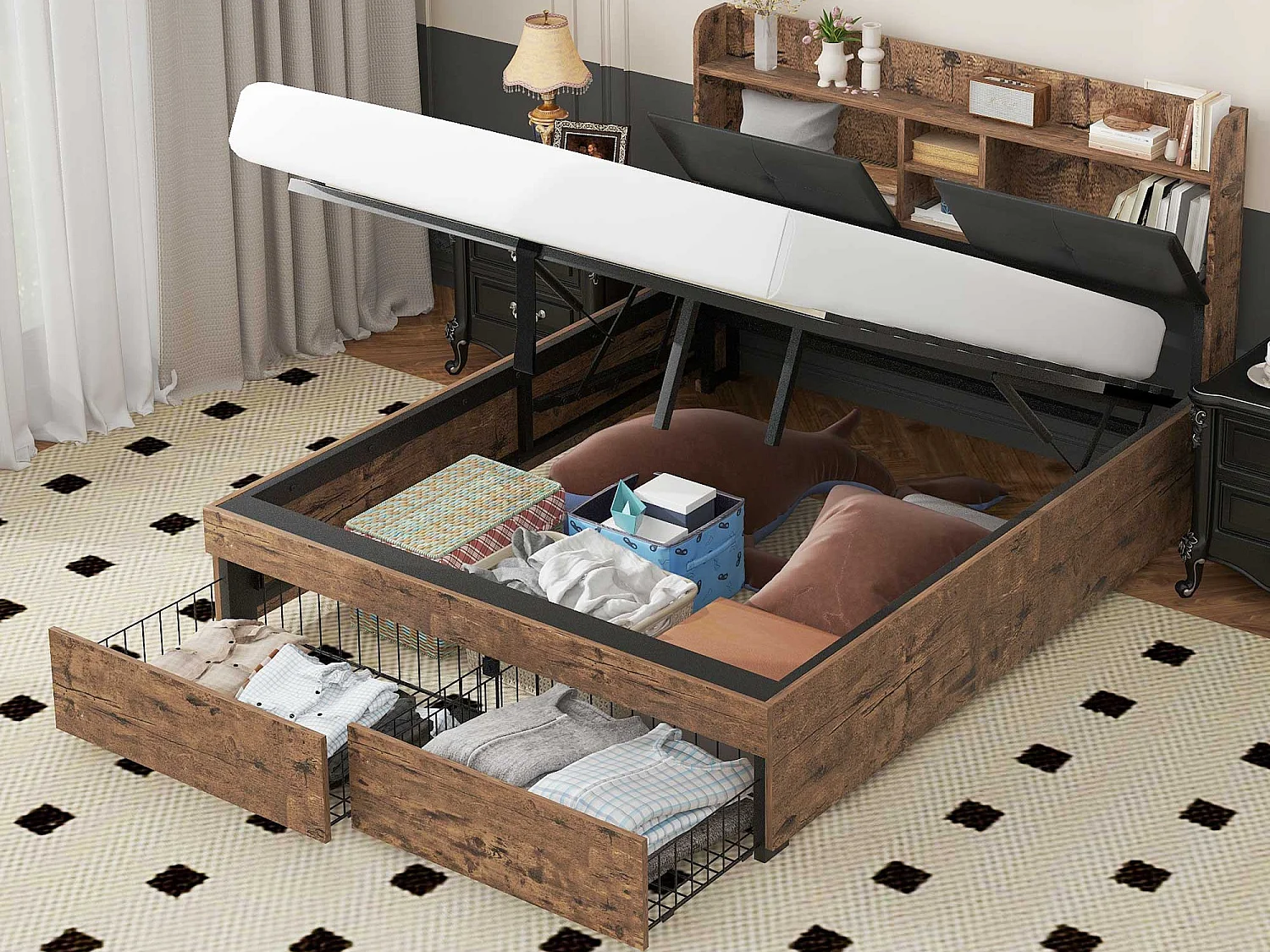 Łóżko z pojemnikiem na pościel 160 x 200 cm i zagłówkiem ze schowkiem - drewno + metal - czarny + brązowy