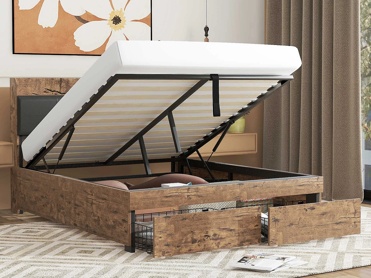 Łóżko z pojemnikiem na pościel 160 x 200 cm i zagłówkiem ze schowkiem - drewno + metal - czarny + brązowy