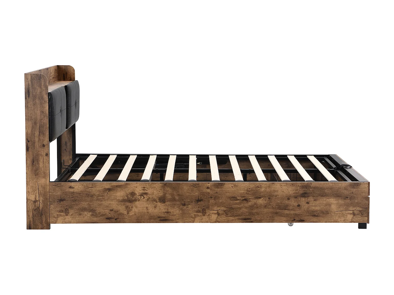 Łóżko z pojemnikiem na pościel 160 x 200 cm i zagłówkiem ze schowkiem - drewno + metal - czarny + brązowy