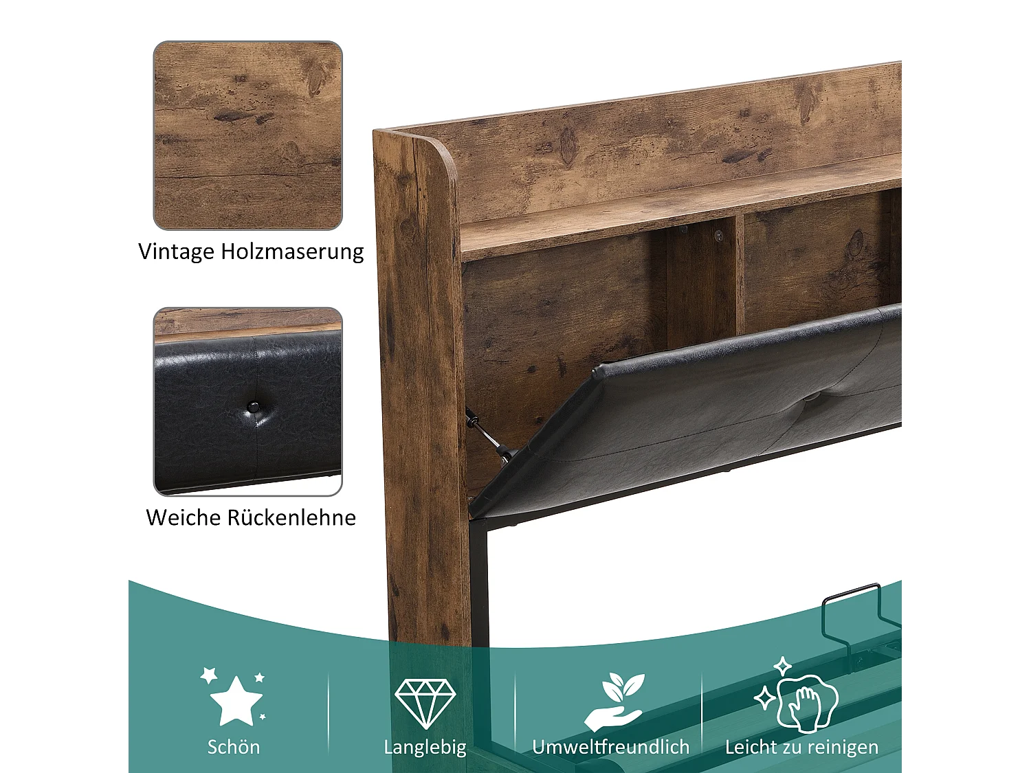 Stauraumbett 180 x 200 cm mit Stauraum-Kopfteil – Holz + Metall – Schwarz + Braun