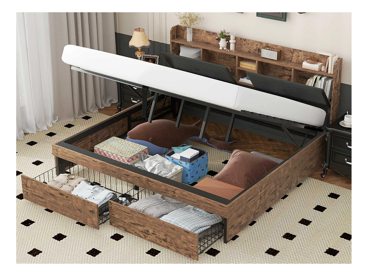 Lit coffre 180 x 200 cm avec tête de lit rangement - bois + métal - noir + marron