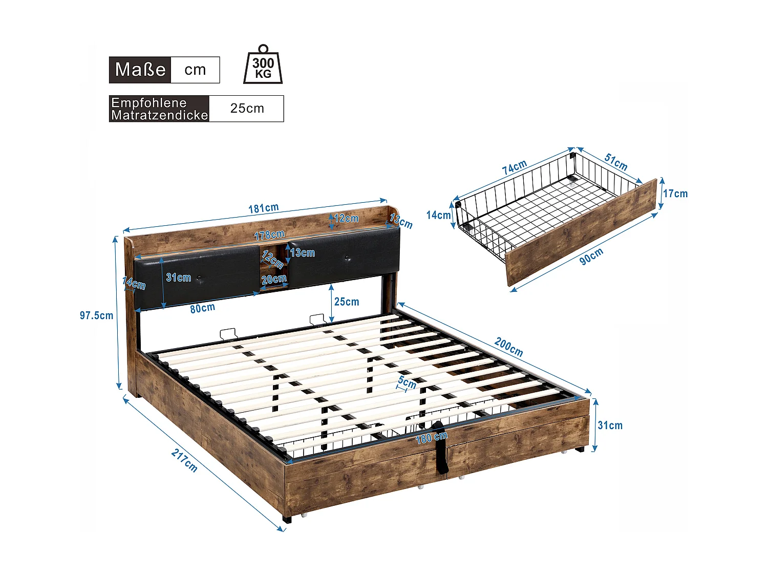 Opbergbed 180 x 200 cm met opberghoofdeinde - hout + metaal - zwart + bruin