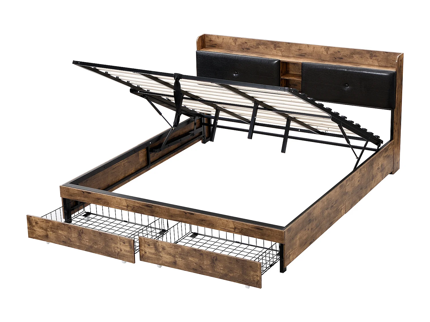 Opbergbed 180 x 200 cm met opberghoofdeinde - hout + metaal - zwart + bruin