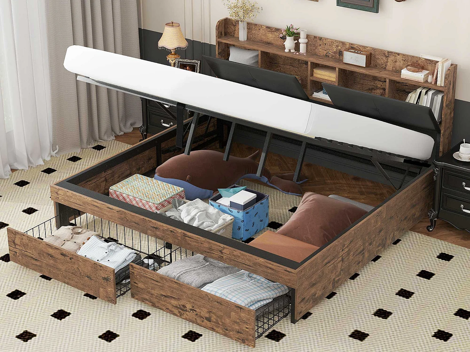 Letto contenitore 180 x 200 cm con testiera contenitore - legno + metallo - nero + marrone