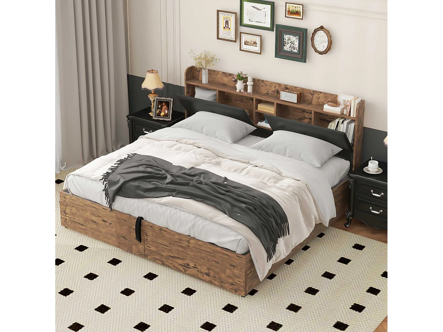 Letto contenitore 180 x 200 cm con testiera contenitore - legno + metallo - nero + marrone