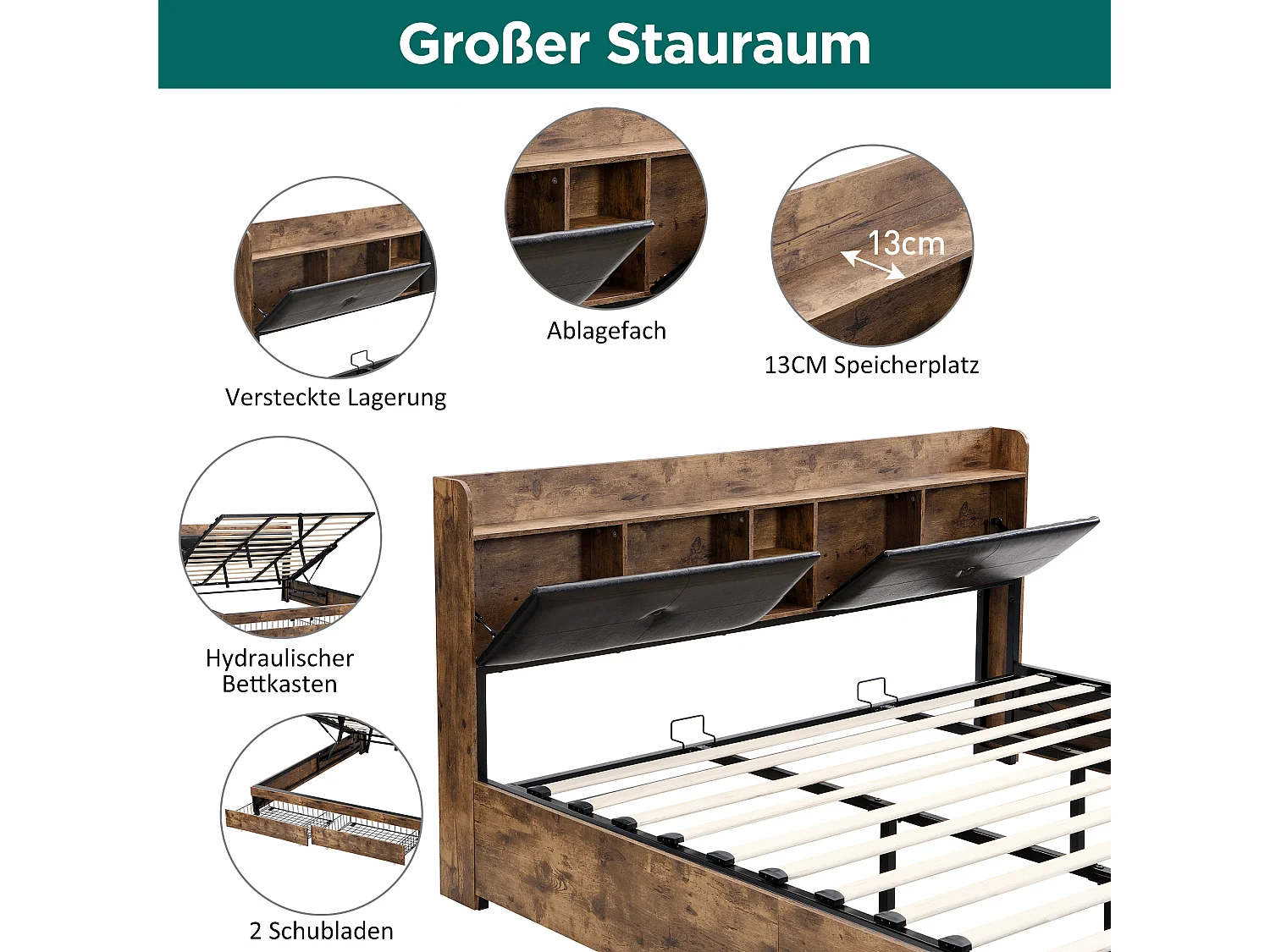 Letto contenitore 180 x 200 cm con testiera contenitore - legno + metallo - nero + marrone