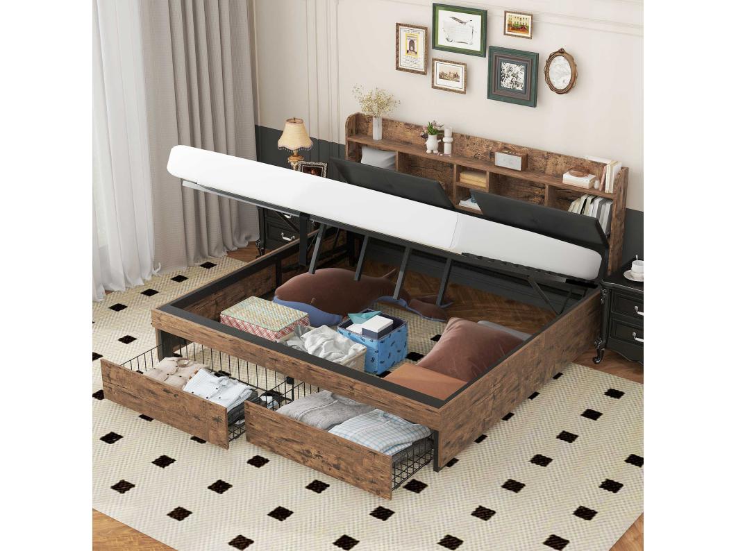 Opbergbed 180 x 200 cm met opberghoofdeinde - hout + metaal - zwart + bruin