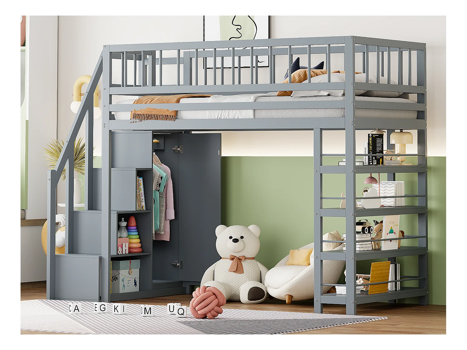 Lit mezzanine 90 x 200 cm - étagères + armoire + espace de rangement - bois massif - gris
