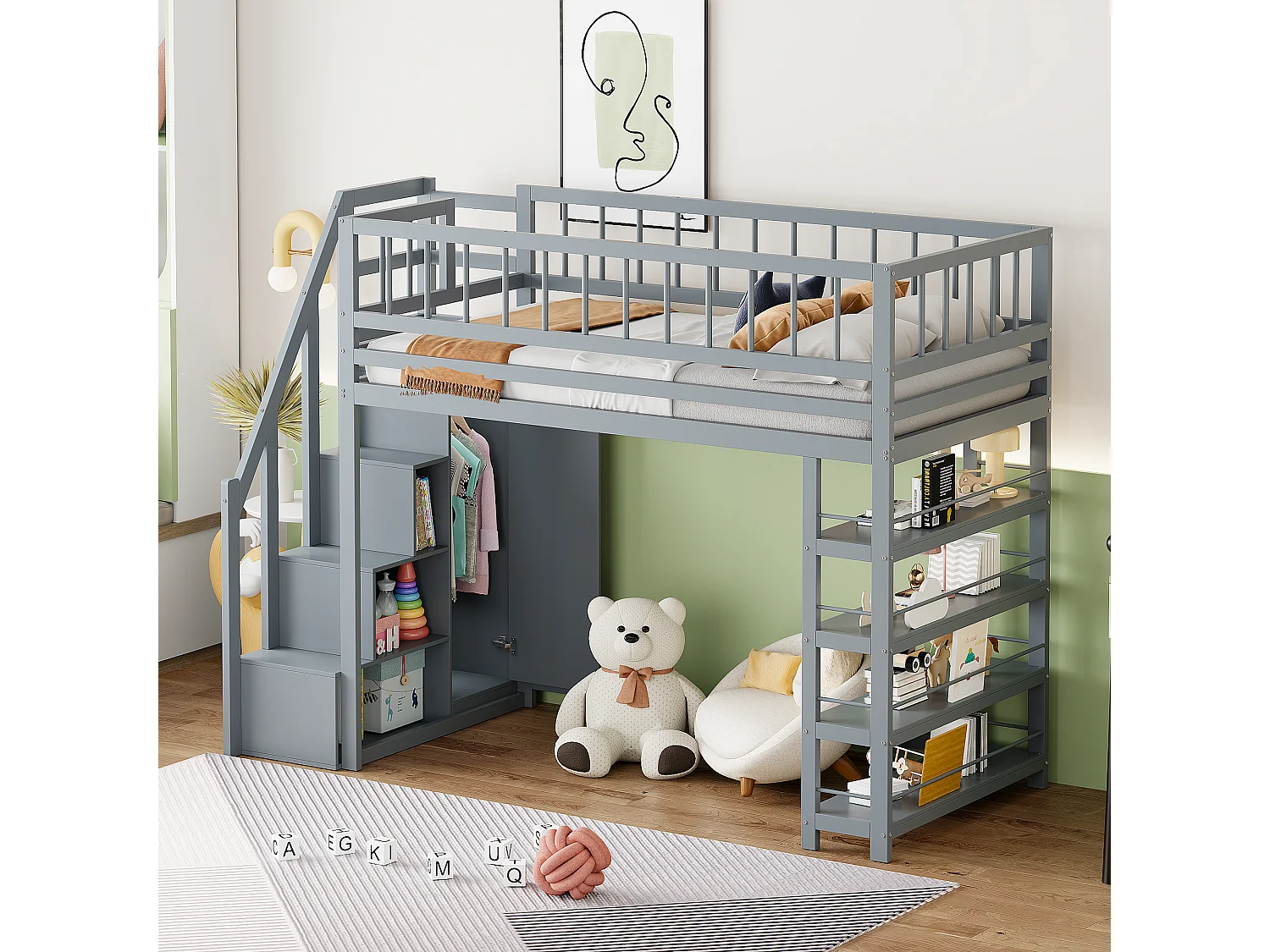 Hochbett 90 x 200 cm – Regale + Kleiderschrank + Stauraum – Massivholz – Grau