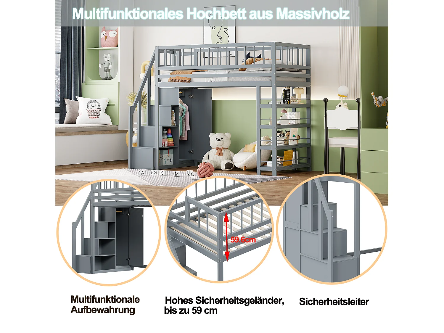 Hochbett 90 x 200 cm – Regale + Kleiderschrank + Stauraum – Massivholz – Grau