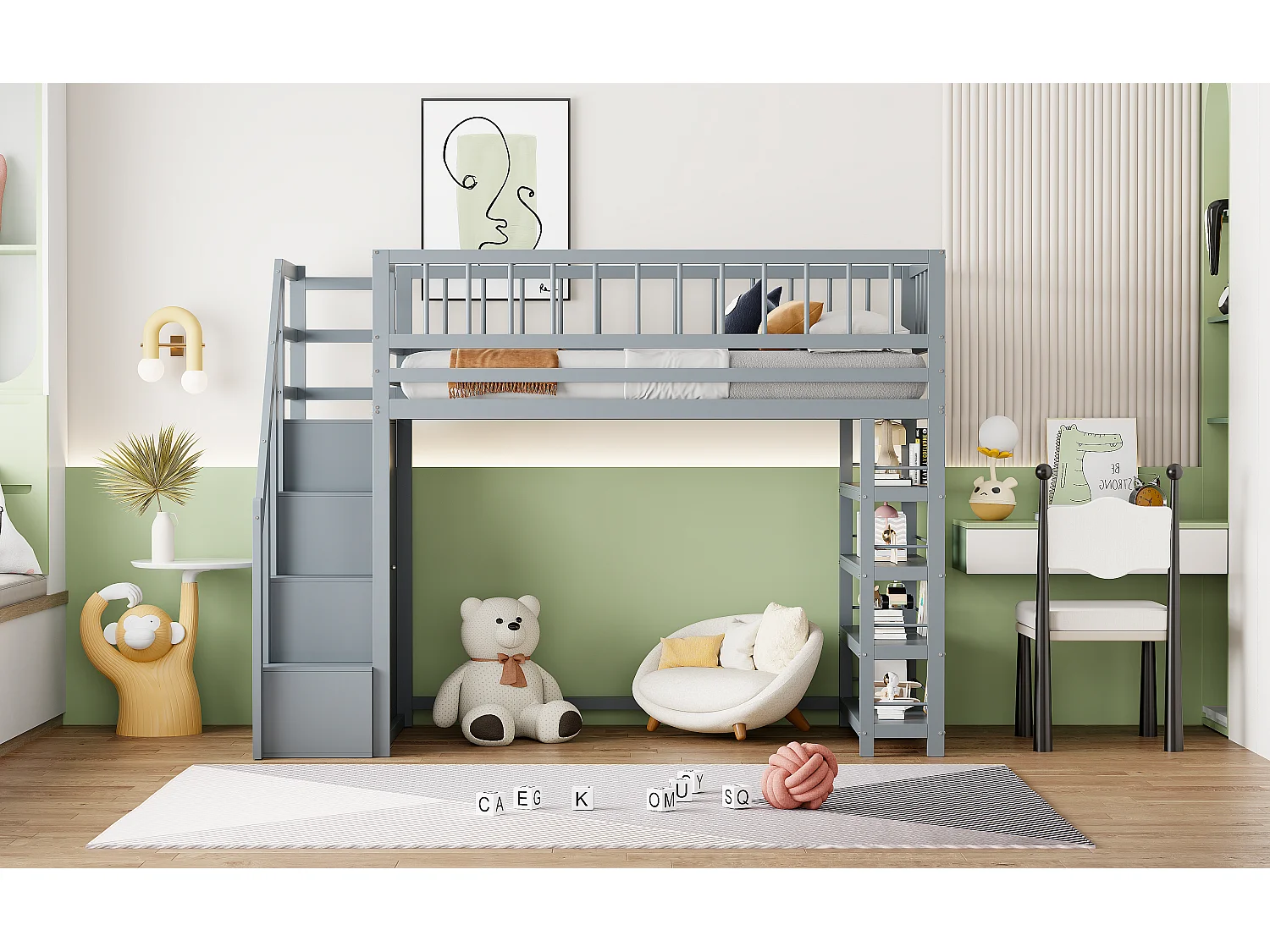 Hochbett 90 x 200 cm – Regale + Kleiderschrank + Stauraum – Massivholz – Grau