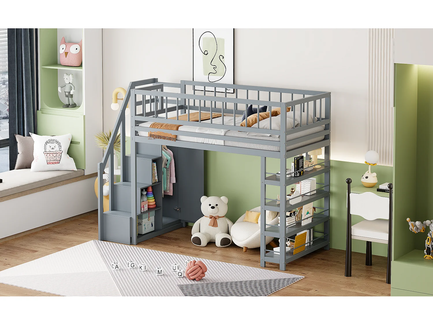 Hochbett 90 x 200 cm – Regale + Kleiderschrank + Stauraum – Massivholz – Grau