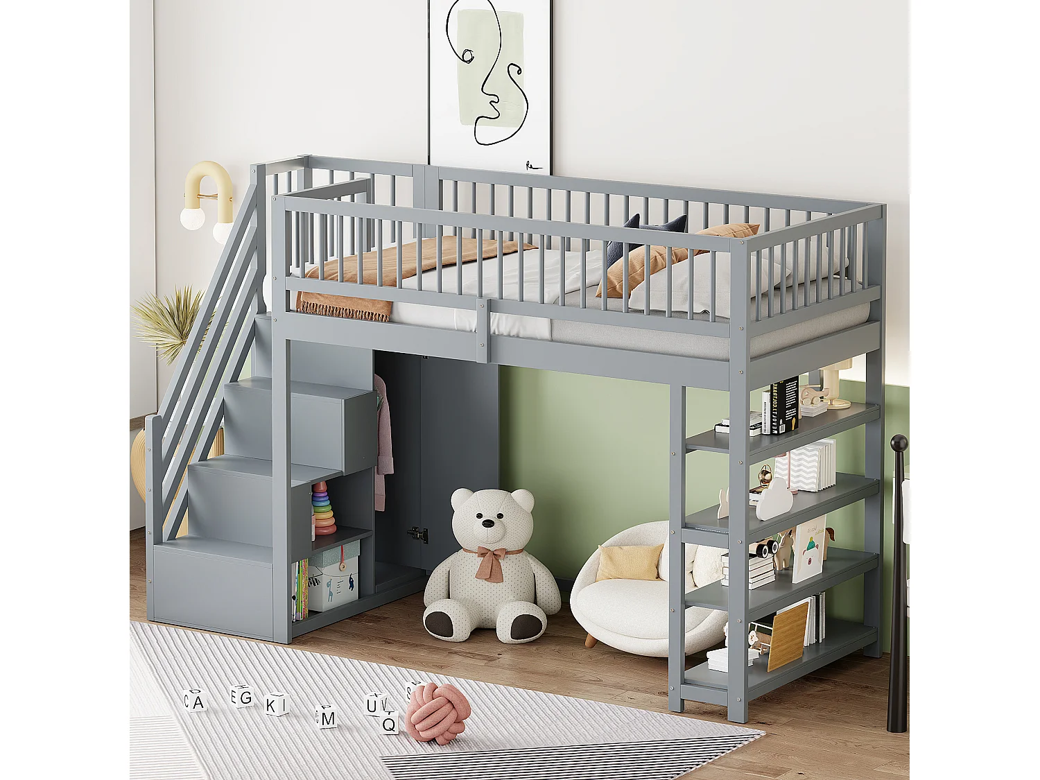 Loftseng 90 x 200 cm - hylder + garderobe + opbevaringsplads - massivt træ - grå