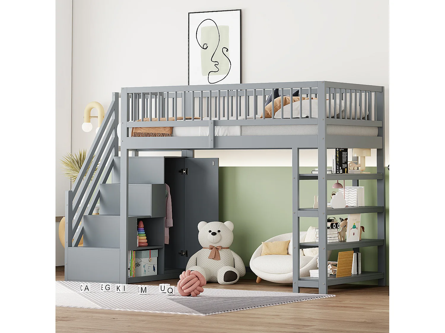 Loftseng 90 x 200 cm - hylder + garderobe + opbevaringsplads - massivt træ - grå