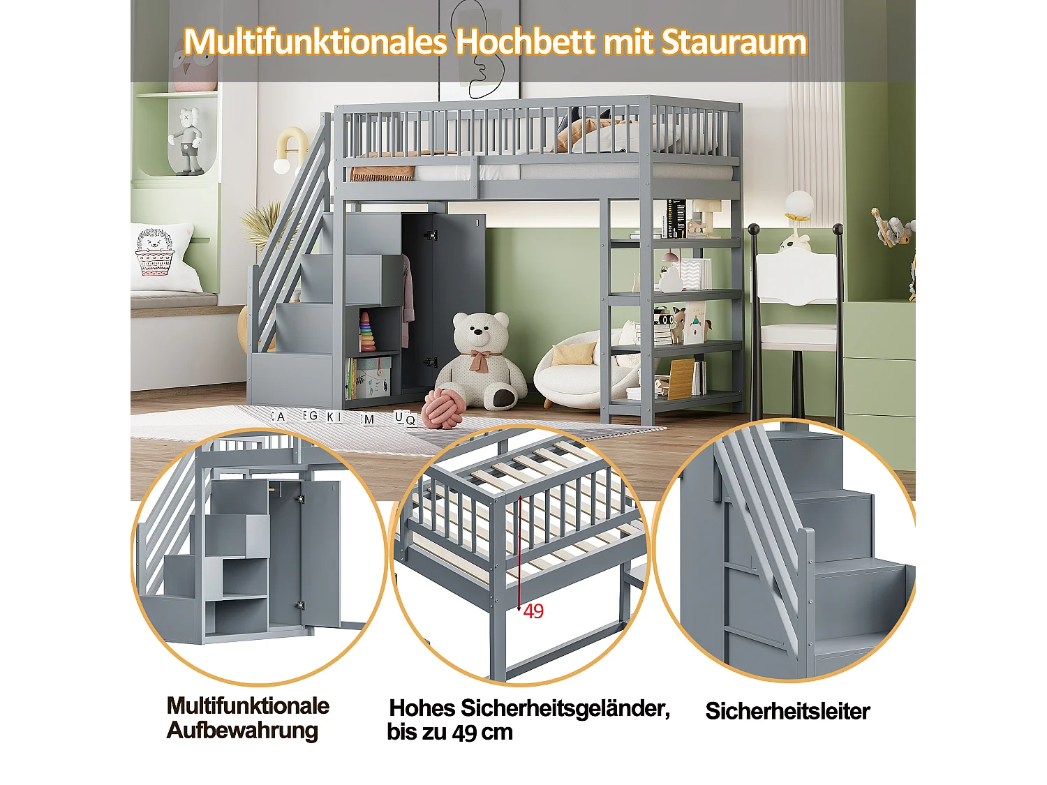 Loftseng 90 x 200 cm - hylder + garderobe + opbevaringsplads - massivt træ - grå