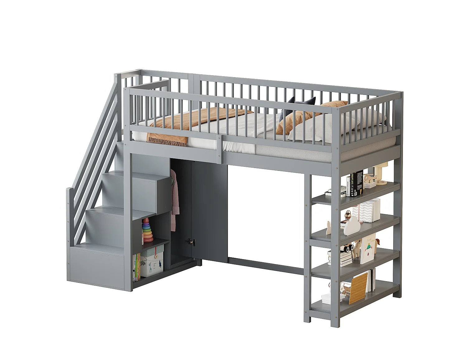 Loftseng 90 x 200 cm - hylder + garderobe + opbevaringsplads - massivt træ - grå