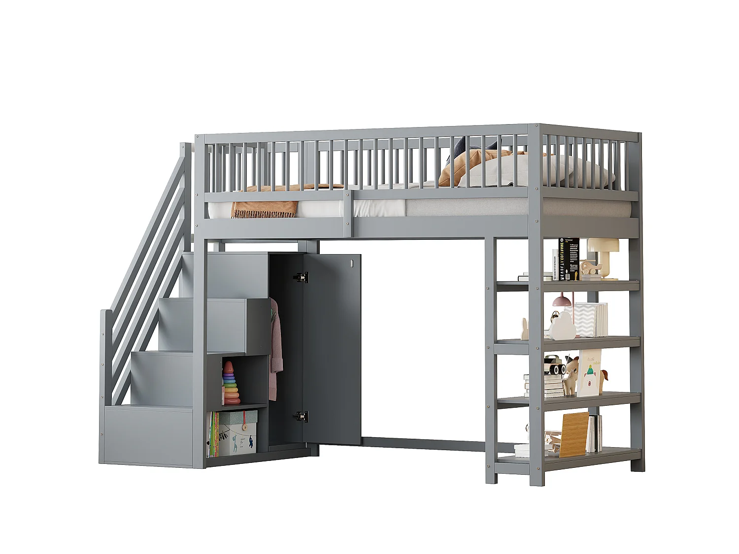 Loftseng 90 x 200 cm - hylder + garderobe + opbevaringsplads - massivt træ - grå