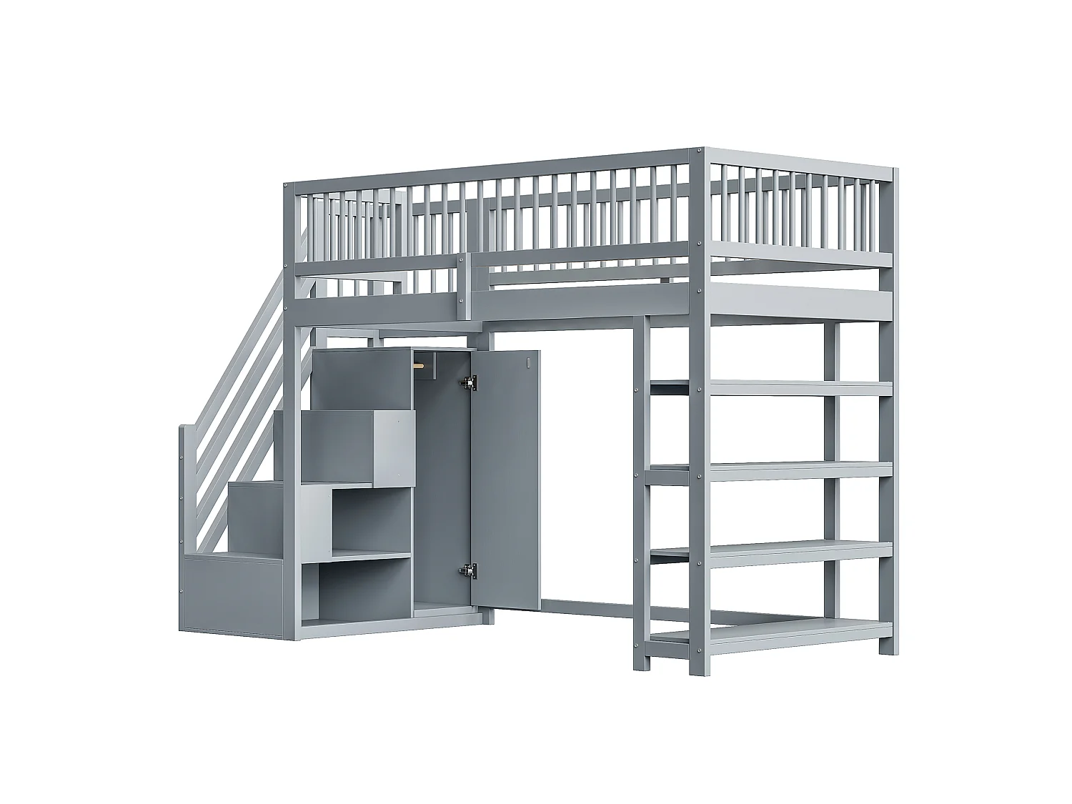 Loftseng 90 x 200 cm - hylder + garderobe + opbevaringsplads - massivt træ - grå