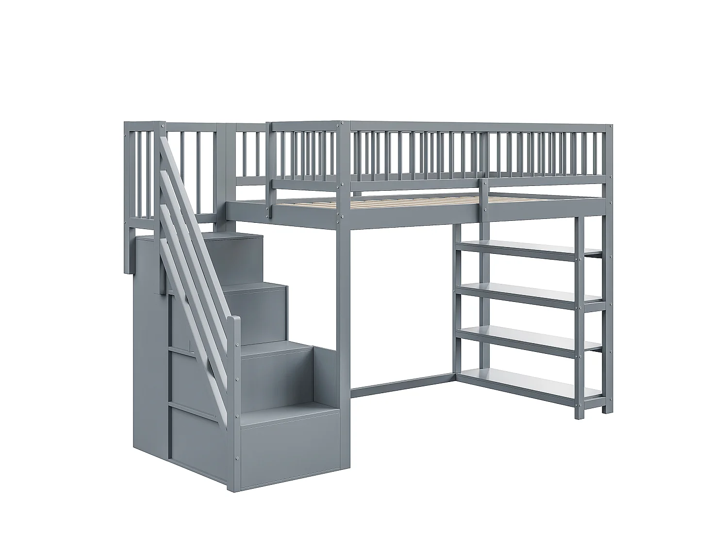 Loftseng 90 x 200 cm - hylder + garderobe + opbevaringsplads - massivt træ - grå