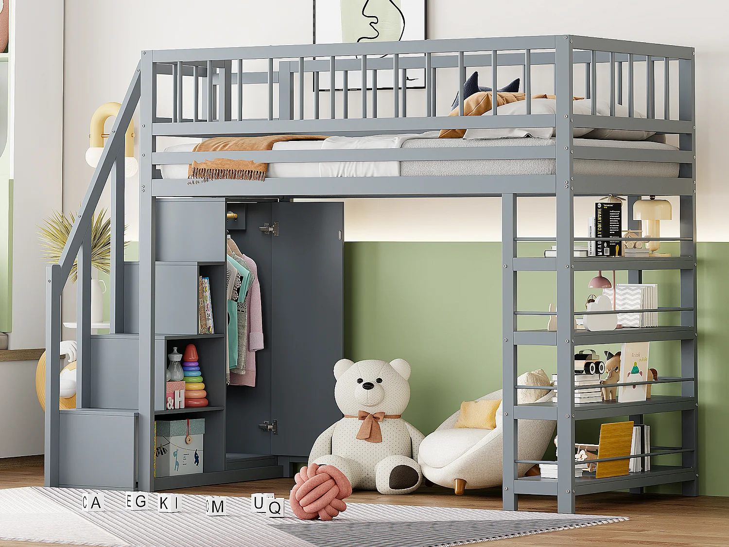 Hochbett 90 x 200 cm – Regale + Kleiderschrank + Stauraum – Massivholz – Grau